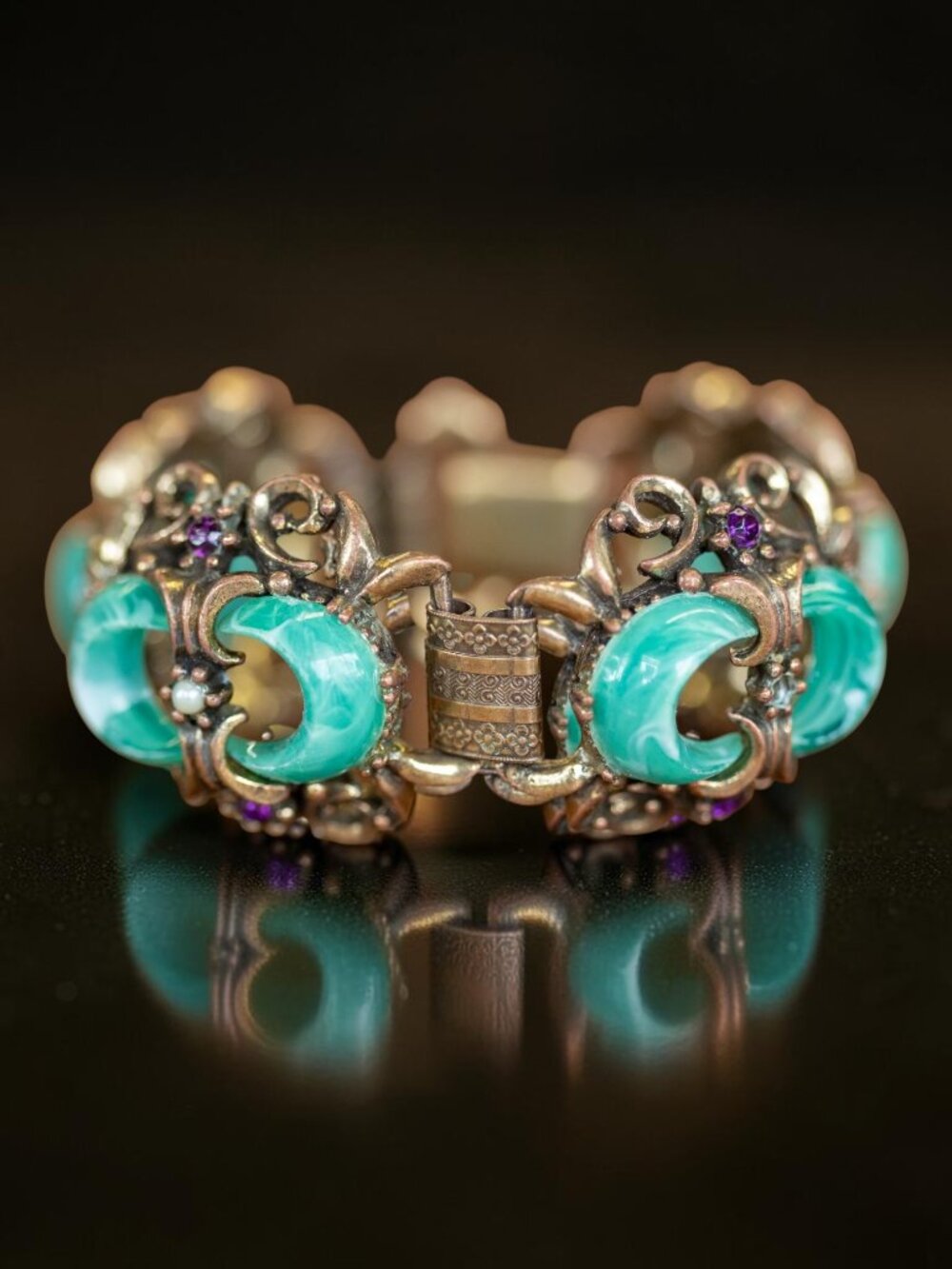 Vintage Heavy Link Bracelet Faux Jade, Faux Pearl & Purple Rhinestone Gold-Tone